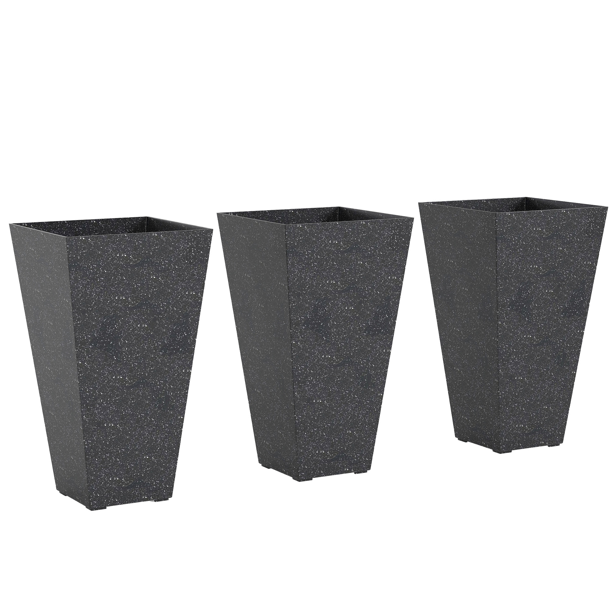 28" Tall Planters, Set of 3 Plastic Flower Pots with Marble Finish and Drainage Holes, Stackable Taper Planters, Black