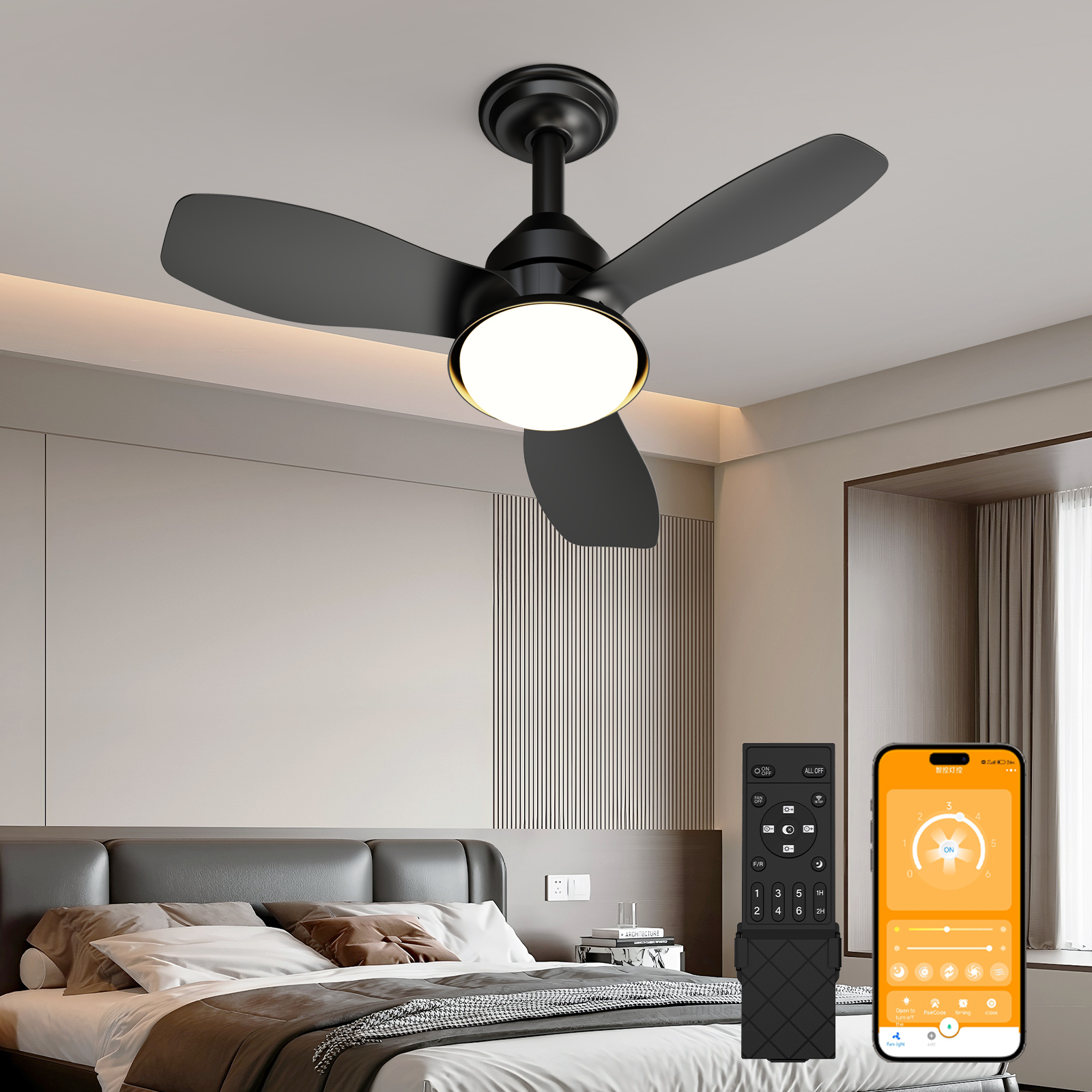 24,4" Black Ceiling Fan with Light, 3 Blades, 6 Speed Reversible Quiet DC Motor, Dimmable LED, APP & Remote Control, Flush Mount for Bedroom Living Room Covered Patio